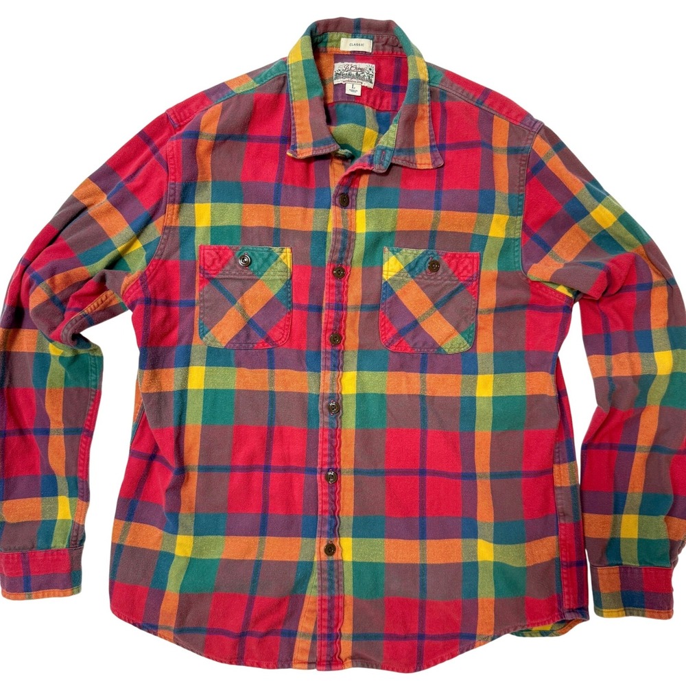 .Crew Plaid Flannel Shirt L Midweight Regenerative Cotton 90s